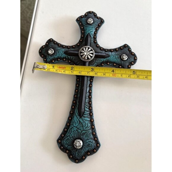 Decorative Wall Cross With Embellished Rhinestones & Turquoise Floral Pattern 7. - Picture 5 of 5